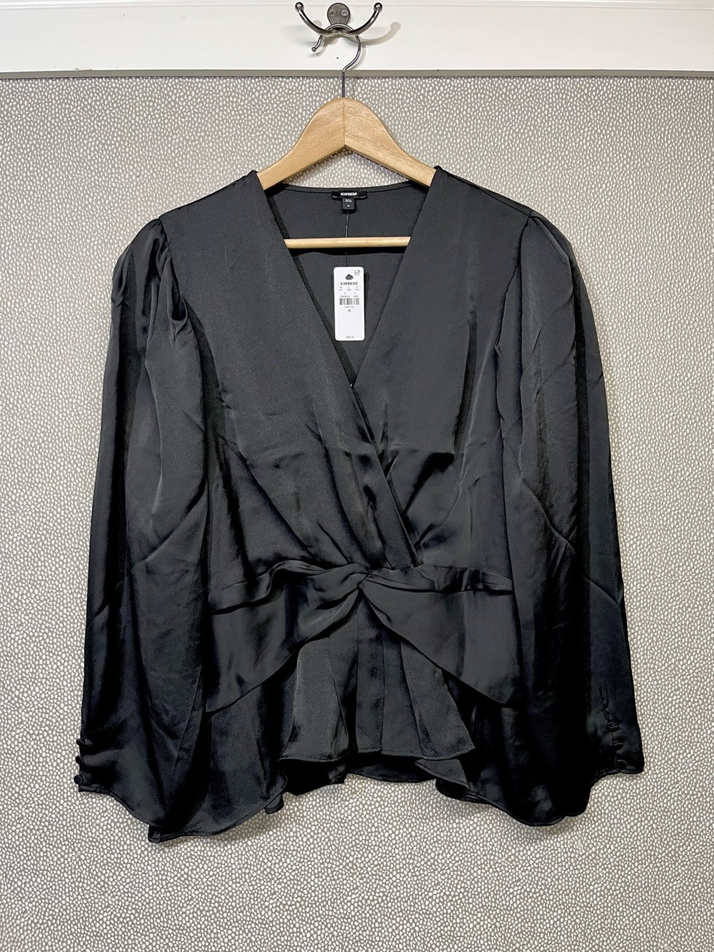 🆕 XL Express Black Satin Wrap Blouse with Front Detail NWT